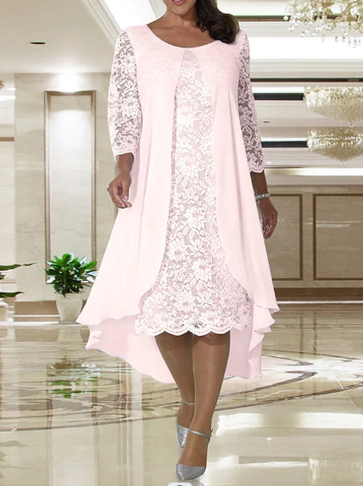 Damen nan elegantes Chiffon-Spitzenkleid mit Vokuhila-Überwurf und dreiviertelärmeln Drune