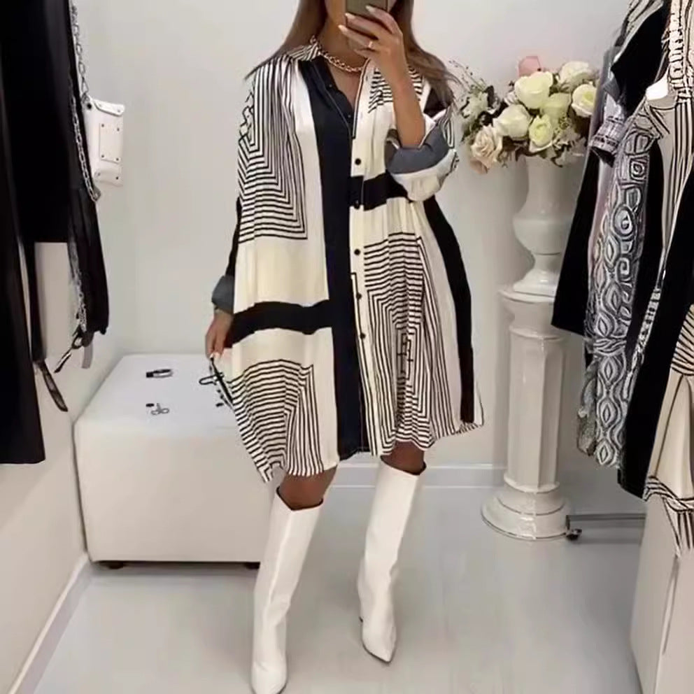 Damen nan knieumspielendes A-Linien-Hemdblusenkleid mit grafischem Linienprint, verdeckter Knopfleiste und oversized Manschetten Drune