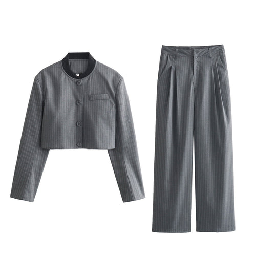 Damen Zweiteiliges Nadelstreifen-Anzug-Set mit kurzem Stehkragen-Blazer und weiten Bundfaltenhose Drune