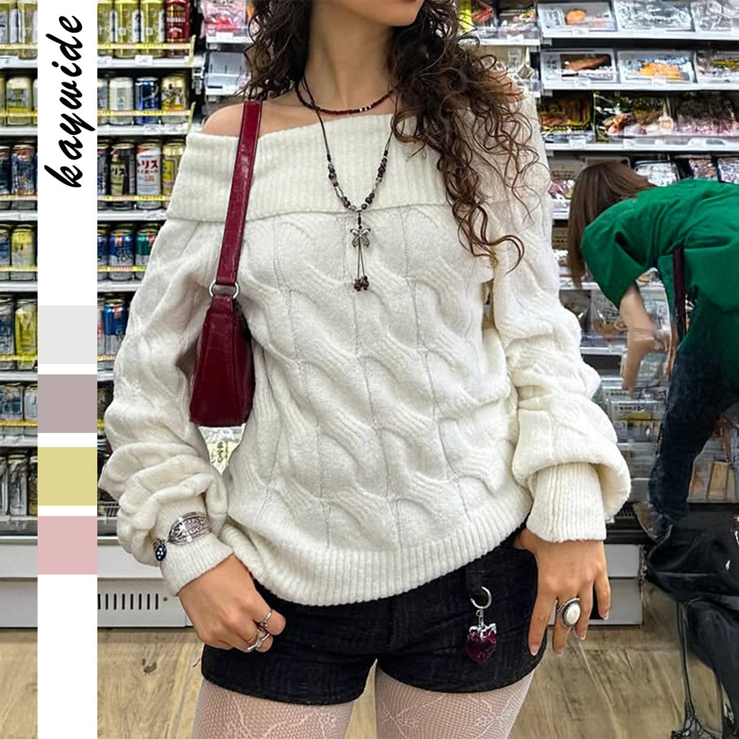 Damen nan schulterfreier Grobstrickpullover mit Zopfmuster, weitem Armaufschlag und elastischem Rippenbund Drune