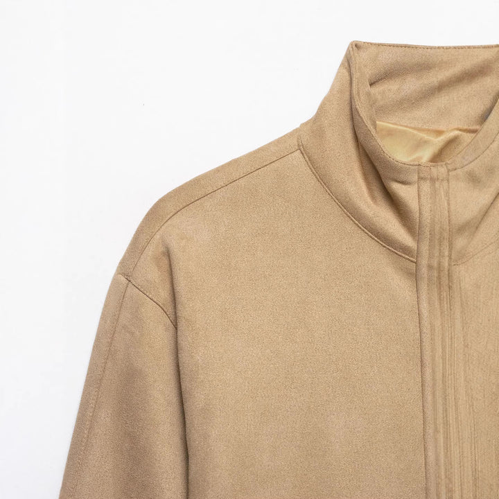 Damen Kurze Boxy-Jacke in Veloursoptik mit Stehkragen und Druckknopfleiste Drune