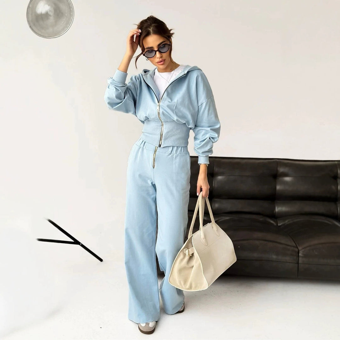 Damen tailliertes Zip-Hoodie und ausgestelltes High-Waist-Hose Lounge-Set Drune