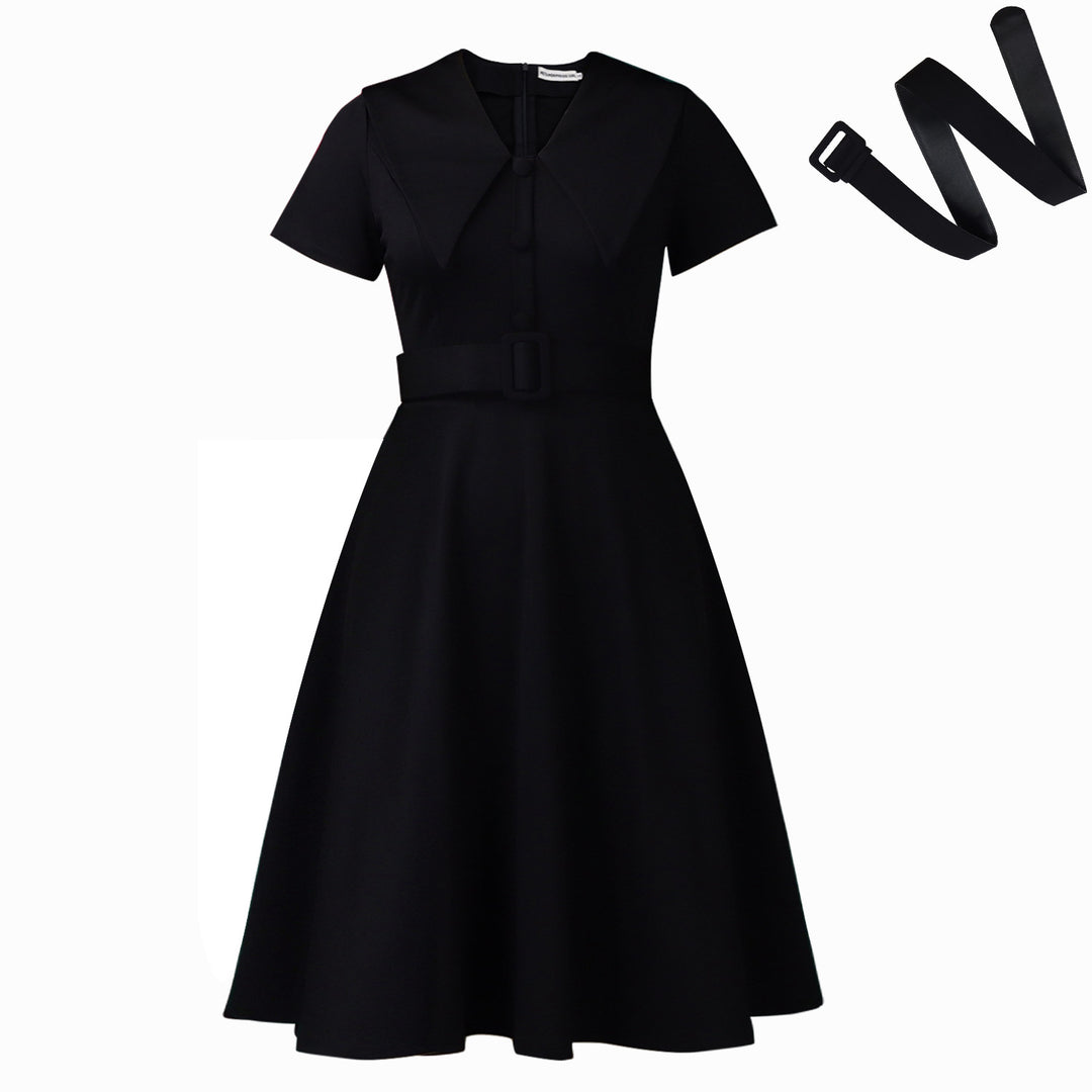 Damen A-Linien Kleid mit elegantem Kragen und Bindegürtel Drune