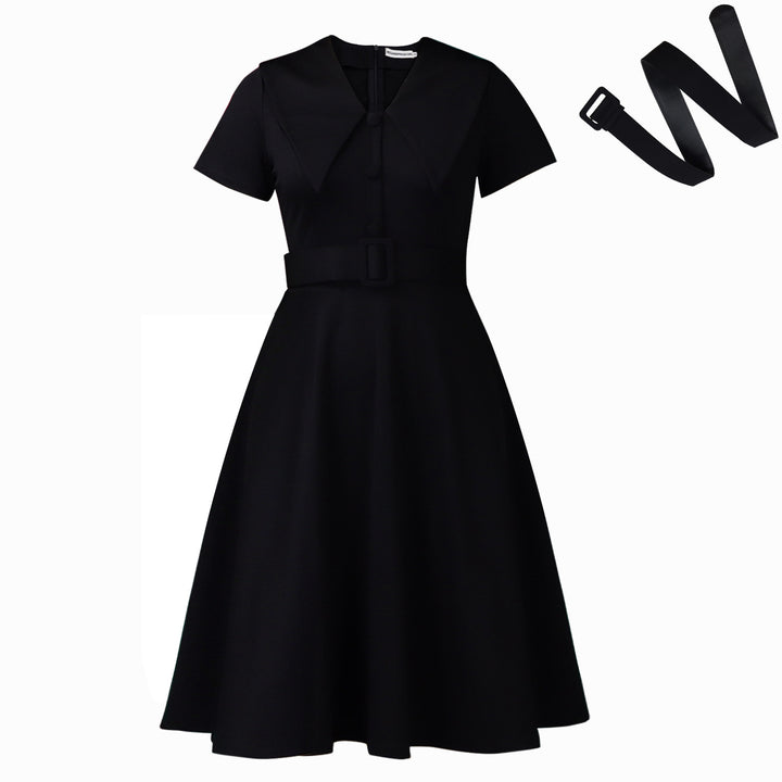 Damen A-Linien Kleid mit elegantem Kragen und Bindegürtel Drune