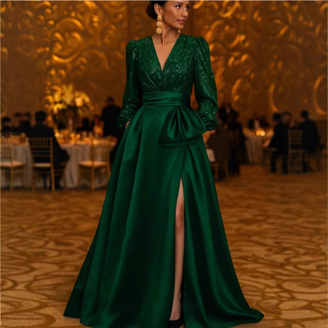 Damen Elegantes Abendkleid mit schimmerndem Oberteil, tiefem V-Ausschnitt und seitlichem Schlitz Drune