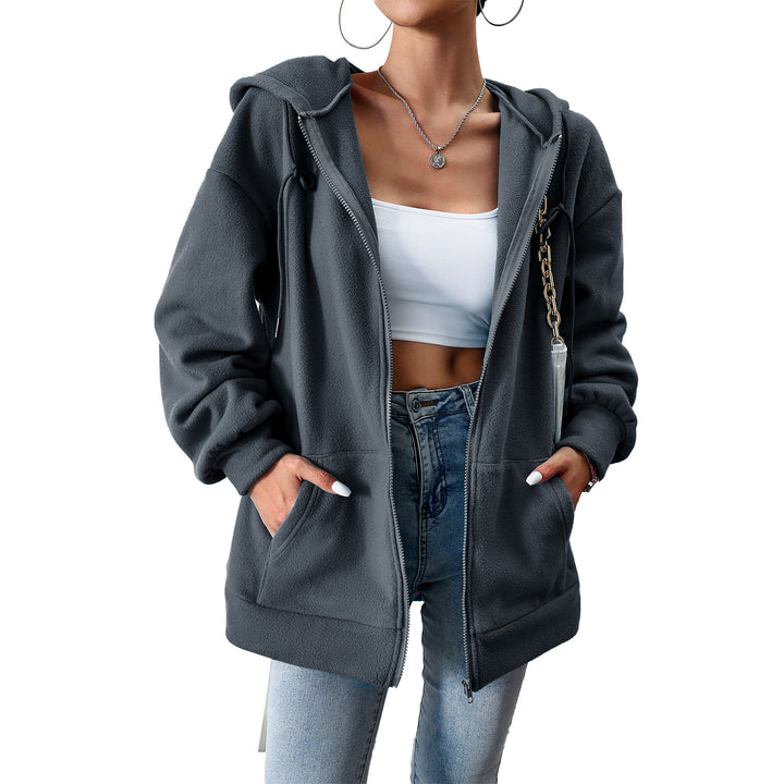 Damen nan kuscheliger Teddy-Fleece Zip-Hoodie mit Kapuze, tiefer Schulterpassform und Kängurutaschen Drune