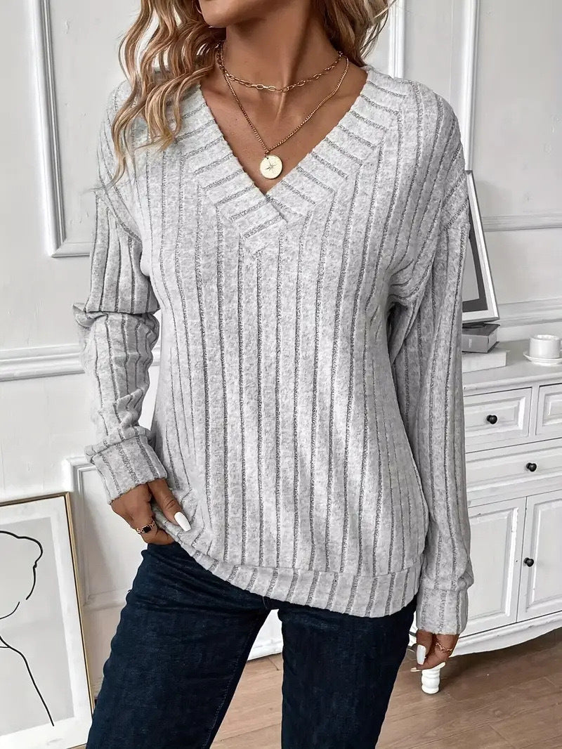 Damen V-Ausschnitt Strickpullover mit Rippenstruktur und lässigem Schnitt Drune