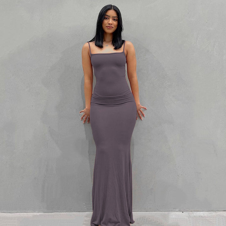 Damen Körperbetontes Maxi‑Jerseykleid mit taillierter Drapierung, langen Ärmeln und ausgestelltem Saum Drune