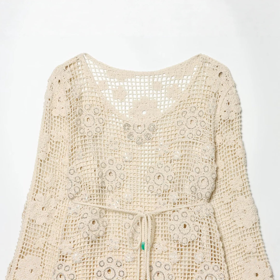 Damen gehäkelter Oversize-Pullover mit Blumen-Openwork und Rundhalsausschnitt Drune