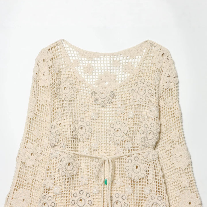 Damen gehäkelter Oversize-Pullover mit Blumen-Openwork und Rundhalsausschnitt Drune