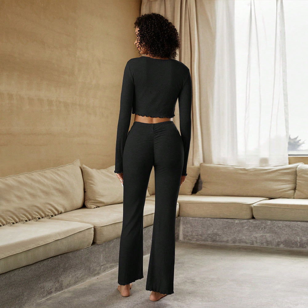 Damen geripptes Lounge-Set mit Cropped-Longsleeve und Highwaist-Leggings Drune