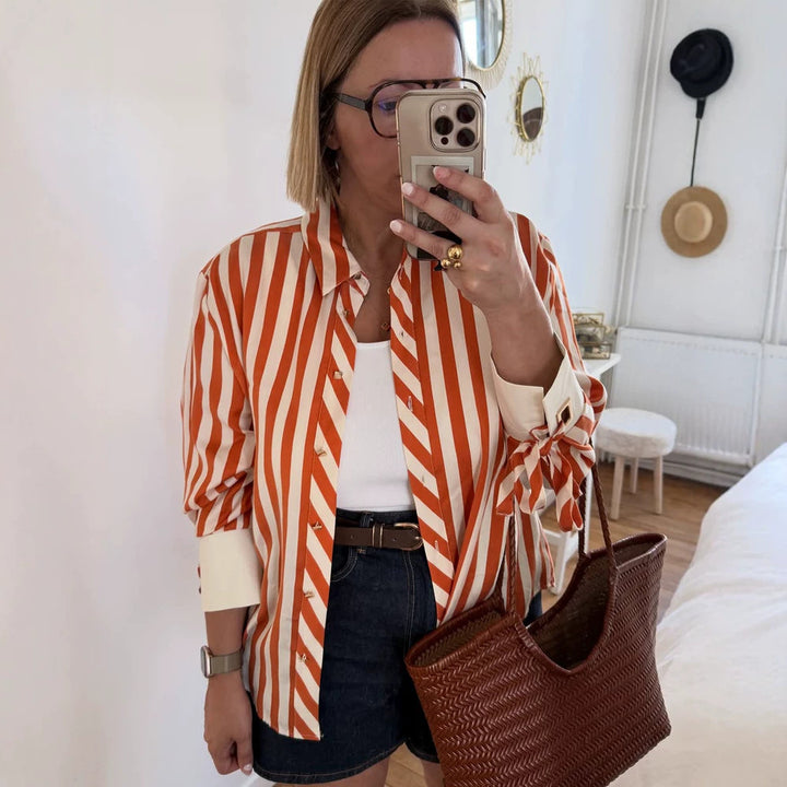 Damen Gestreifte Oversize-Hemdbluse mit Bindebändern an Ärmeln und verdeckter Knopfleiste Drune