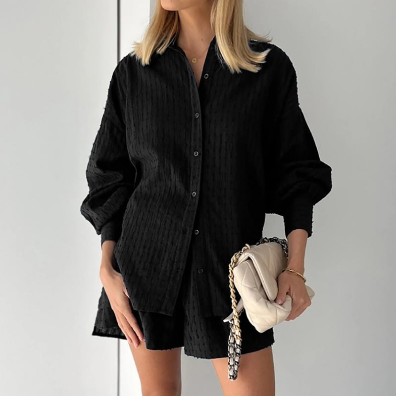 Damen lässiges Oversized Hemd mit Struktur und kurzen Hosen Drune