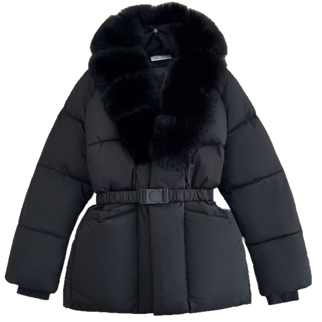 Damen Taillierte Kurz-Steppjacke mit voluminösem Schalkragen aus Kunstfell und Ziergürtel Drune