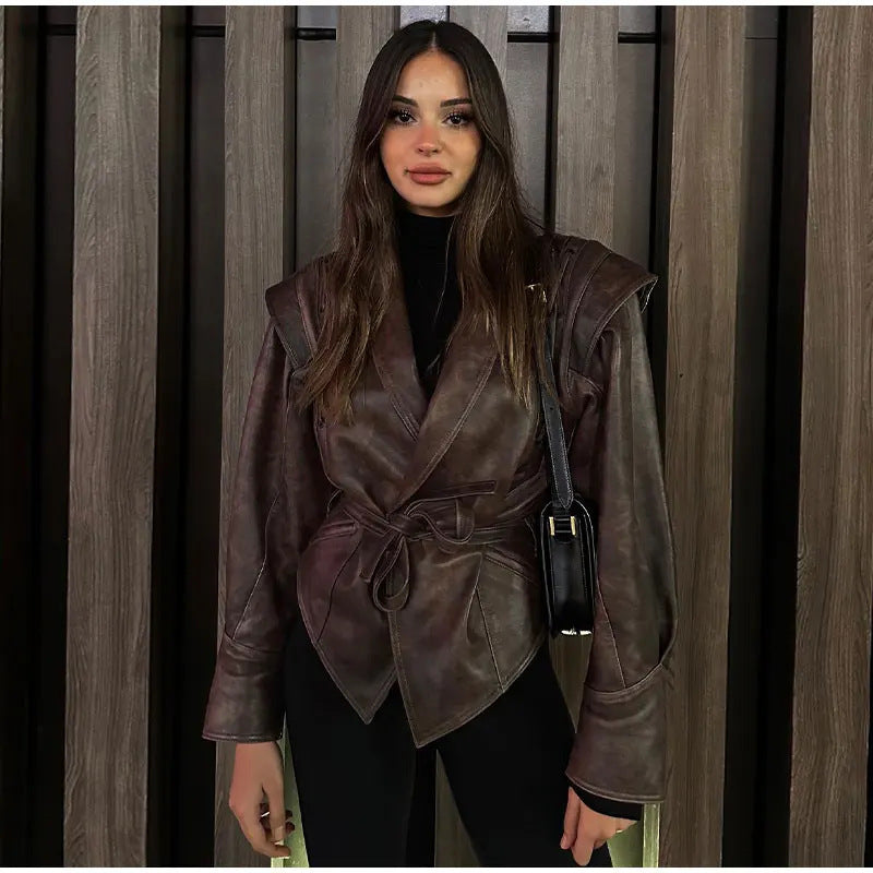 Damen modische Wildlederjacke mit tailliertem Schnitt und Bindegürtel Drune
