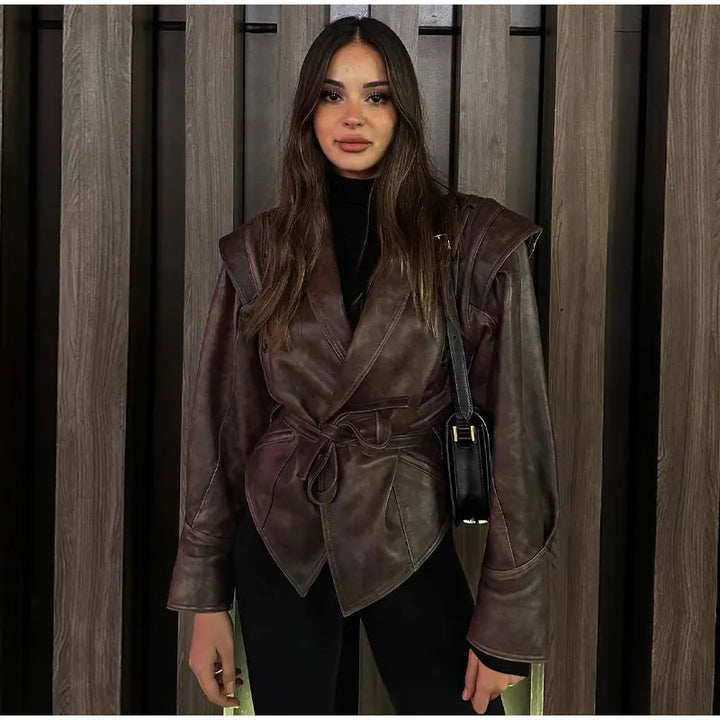 Damen modische Wildlederjacke mit tailliertem Schnitt und Bindegürtel Drune