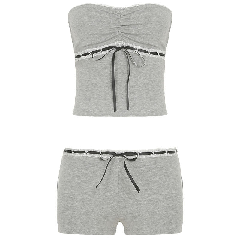 Damen Schlafanzug Set mit Spitzenakzenten und romantischem Druck Drune