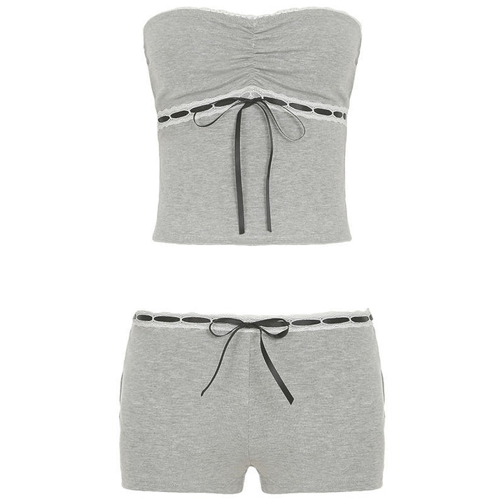 Damen Schlafanzug Set mit Spitzenakzenten und romantischem Druck Drune