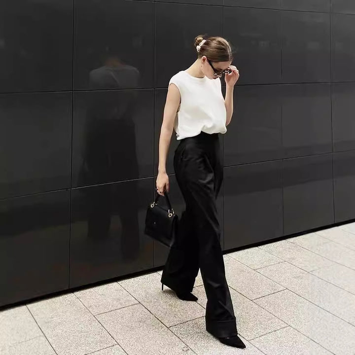 Damen Elegante, lockere Hosen mit hohem Bund und Falten Drune