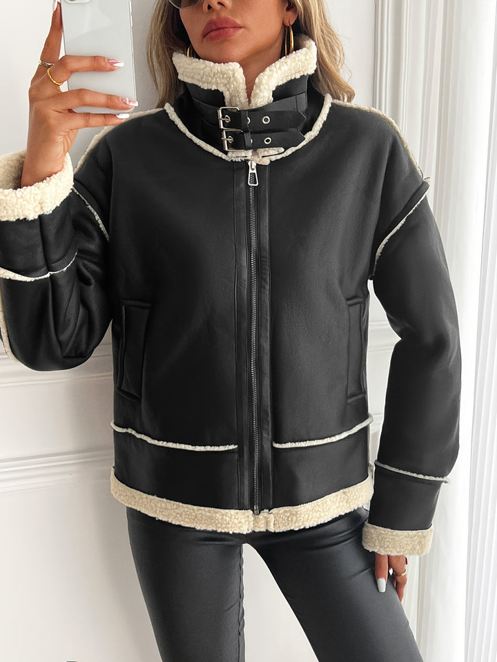 Damen Modische Kunstlederjacke mit Teddyfutter