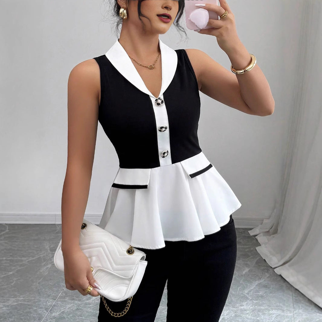 Damen Elegantes Peplum-Oberteil mit Kragen und Knopfdetaillierung Drune