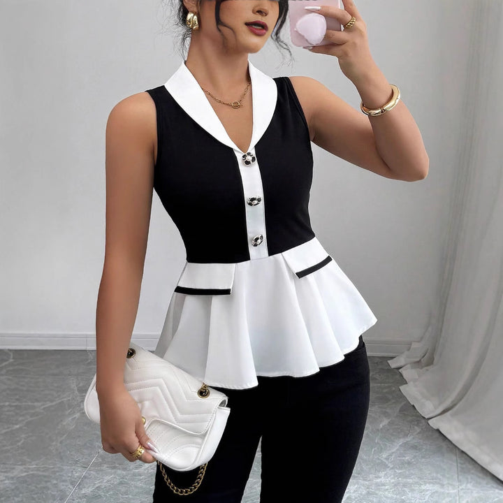 Damen Elegantes Peplum-Oberteil mit Kragen und Knopfdetaillierung Drune