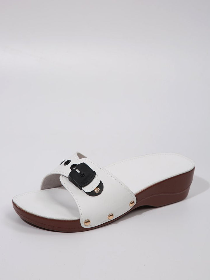 Damen nan Schlupf-Pantolette mit gepolstertem Komfortfußbett, dekorativer Schnalle und leichter Keilsohle Drune