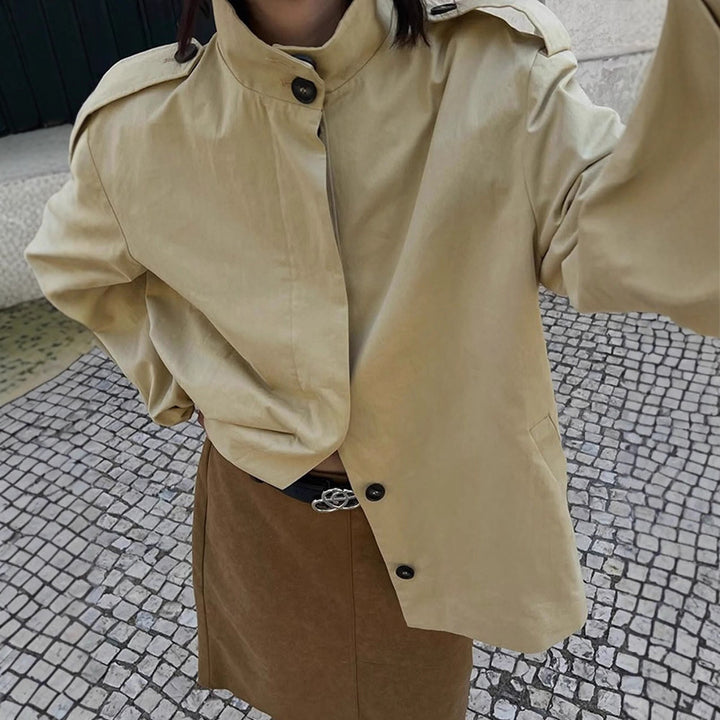 Damen Kurzbluse-Trench mit Stehkragen, Schulterpatten und Ballonärmeln Drune