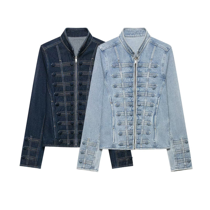 Damen Taillierte Denimjacke mit militärischen Galon‑Details und Stehkragen Drune