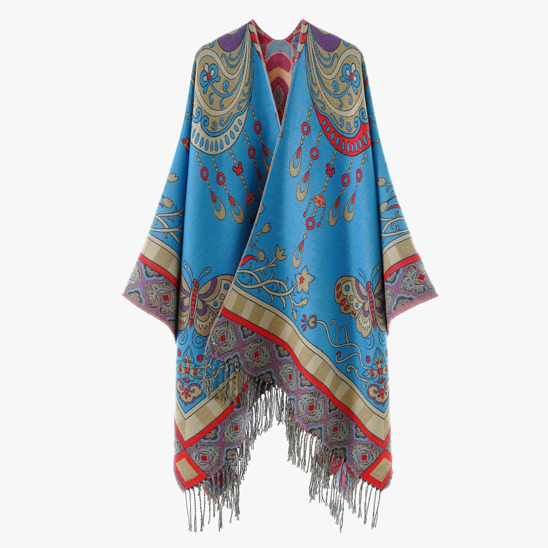 Damen Jacquard‑Gewebter Fransenponcho im Tapisserie‑Look Drune