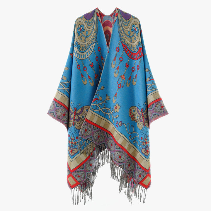Damen Jacquard‑Gewebter Fransenponcho im Tapisserie‑Look Drune