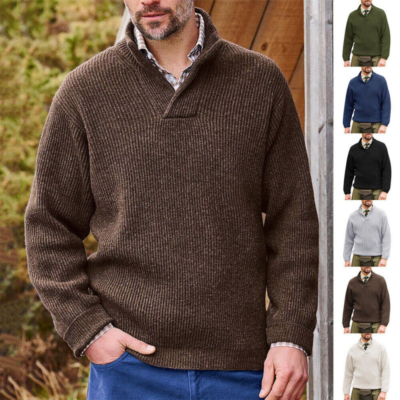 Herren Rippenstrick-Pullover mit Schalkragen und kurzem V-Ausschnitt Drune