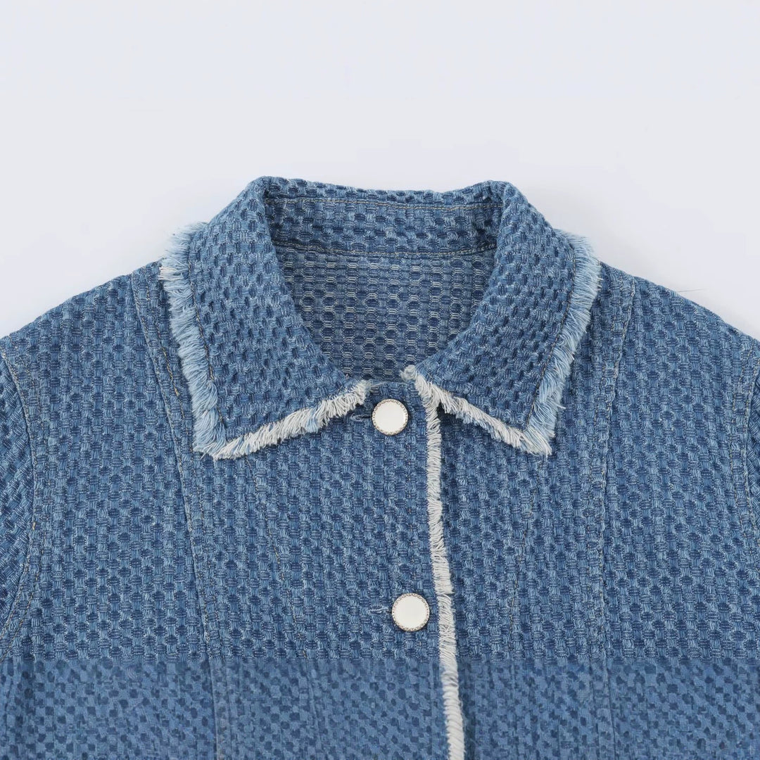 Damen Kurz geschnittene Bouclé-Tweed-Boxy-Jacke mit Fransenbesatz und aufgesetzten Klappentaschen Drune