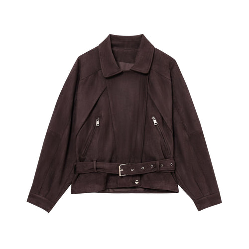 Damen elegante Wildlederjacke mit funktionalen Reißverschlüssen und Taillengürtel Drune