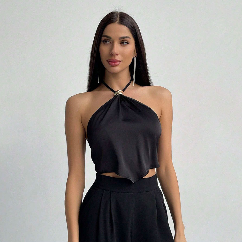 Damen elegantes Haltertop mit glänzendem Stoff und dekorativem Knoten Drune