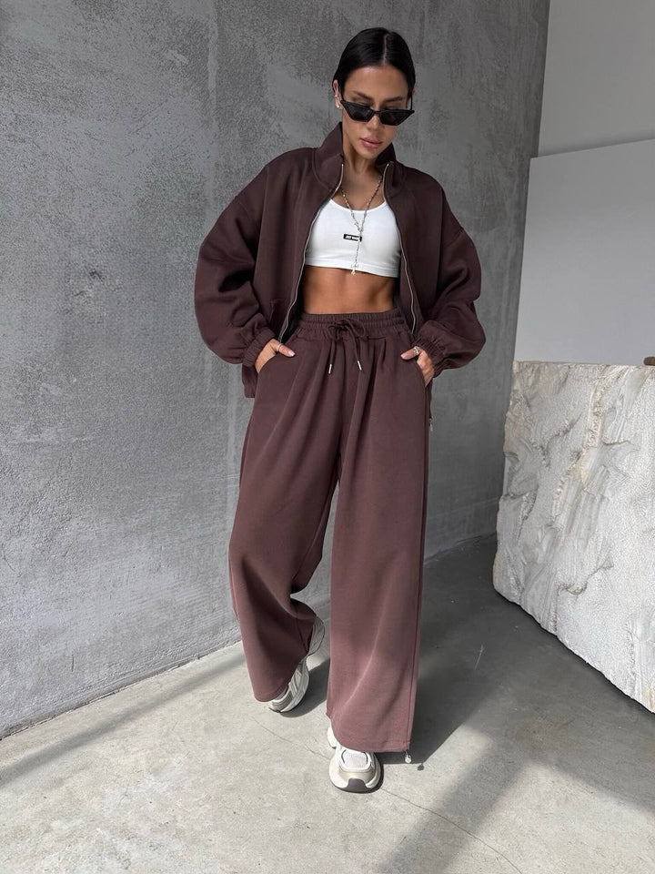 Damen lässiger Freizeitanzug mit oversized Jacke und weitem Bund Drune