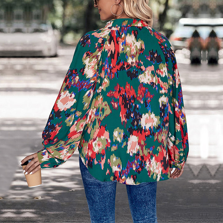 Damen Chiffonbluse mit weitem Ballonärmel, V-Ausschnitt und abstraktem Allover-Print Drune