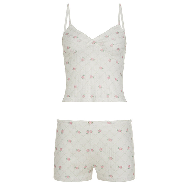Damen Schlafanzug-Set mit zarten Blumenmustern und verstellbaren Trägern Drune