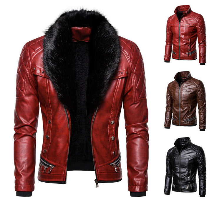 Herren Kunstlederjacke mit luxuriösem Fellkragen Drune
