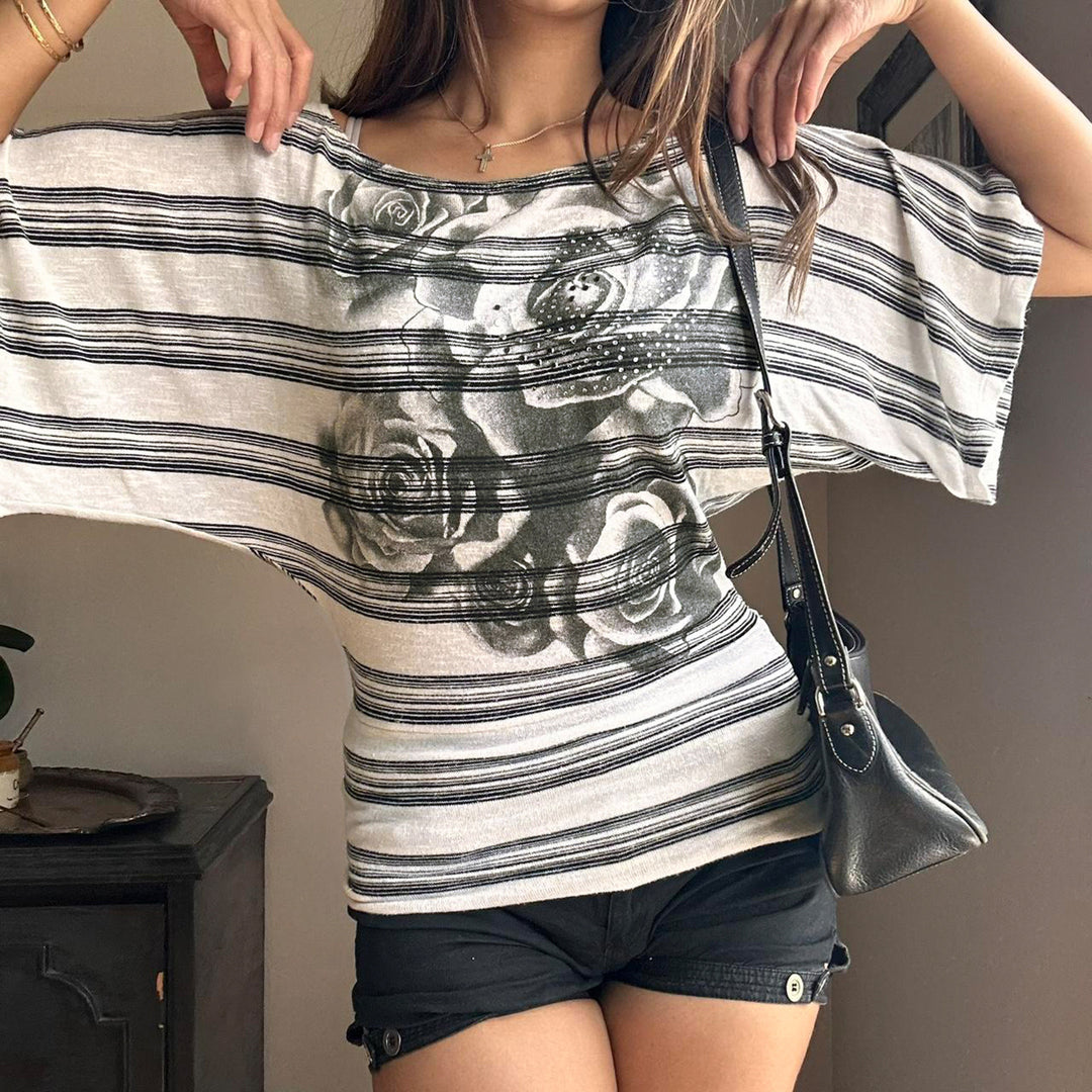 Damen T-Shirt mit floralem Druck und gestreiftem Design Drune
