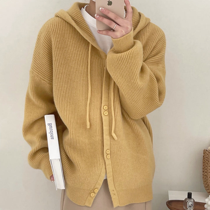 Damen lässige Strickjacke mit Kapuze und Knopfdetails Drune