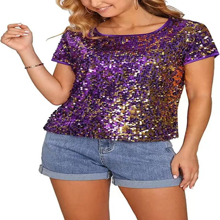 Damen Glitzerndes Pailletten T-Shirt mit lässigem Schnitt und komfortablem Baumwollmaterial Drune