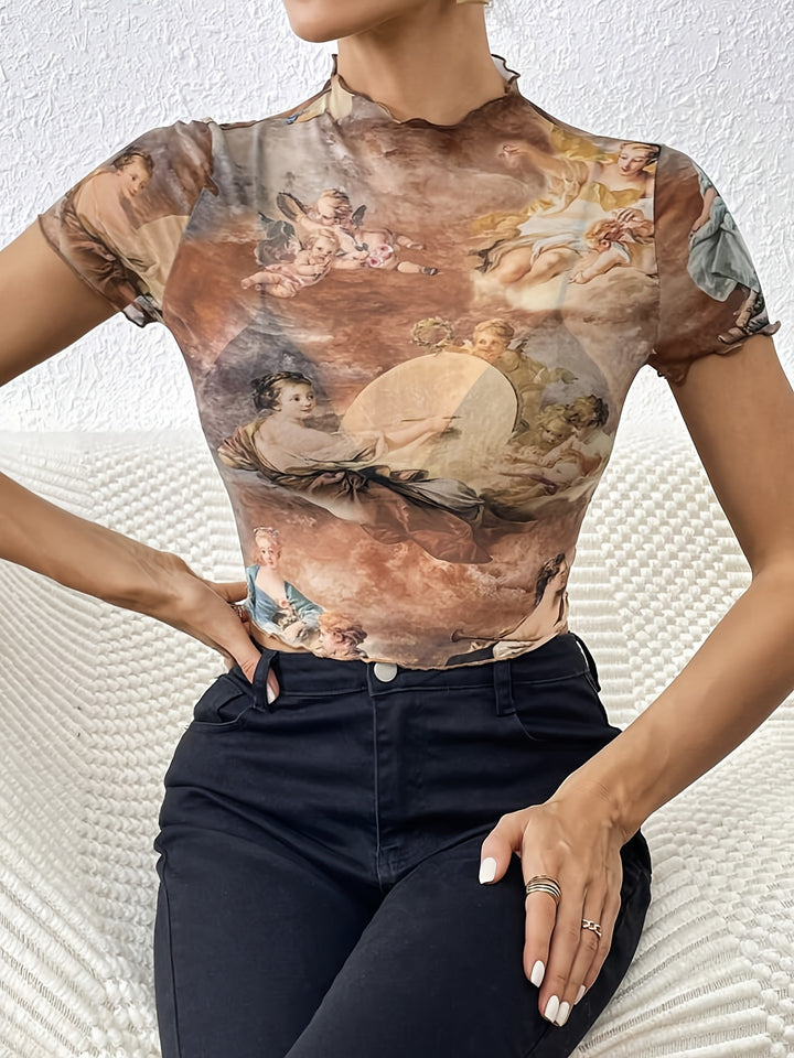 Damen nan figurnahes transparentes Mesh-Top mit barockem Engeldruck, Stehkragen und Kräuselsaum Drune