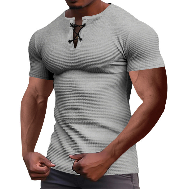 Herren nan Kurzarmshirt mit Schnürkragen, Metallösen und feinem Strukturjersey Drune