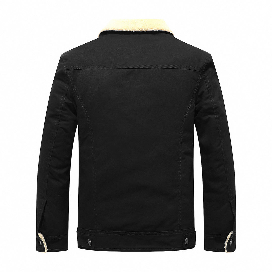 Herren Gefütterte Sherpa‑Truckerjacke mit Kunstfellkragen und Pattentaschen Drune
