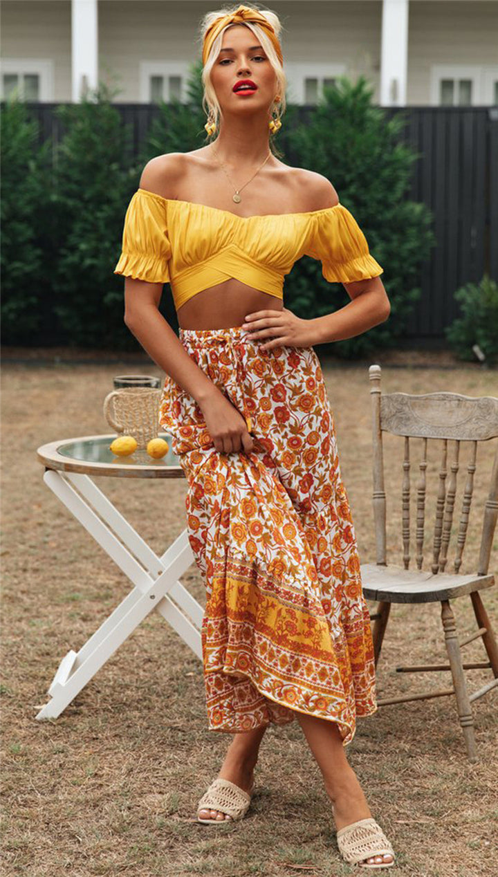 Damen Crop-Top mit fließenden Puffärmeln und knielangen Details Drune