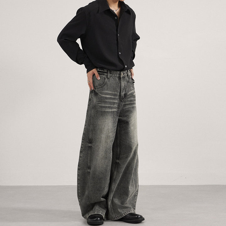 Herren Ultraweite vintagegewaschene Denim-Palazzohose mit tiefem Schritt und geradem Saum Drune