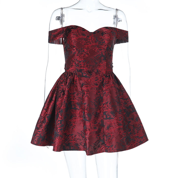 Damen schulterfreies Cocktailkleid mit Blumenmuster und voluminösem Rock Drune