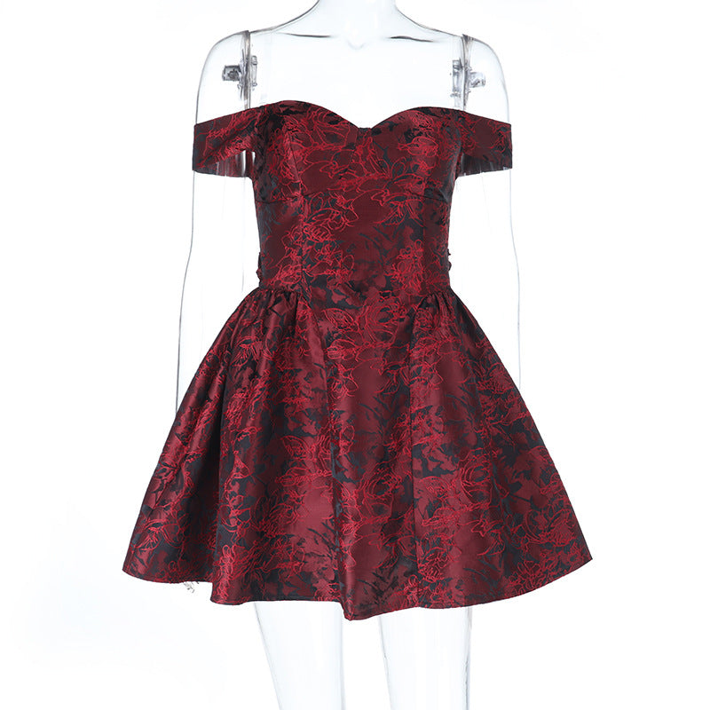 Damen Off-Shoulder Cocktailkleid mit floralem Jacquard-Muster Drune