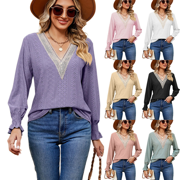Damen Bluse mit luftigen Lochstickereien und V-Ausschnitt Drune